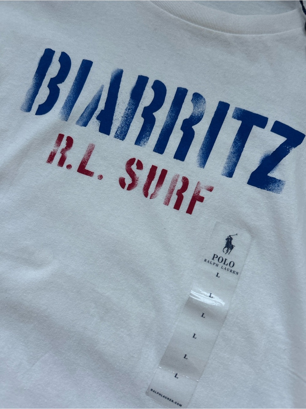 Ralph Lauren White Graphic 'BIARRITZ' Tee with Blue and Red Print